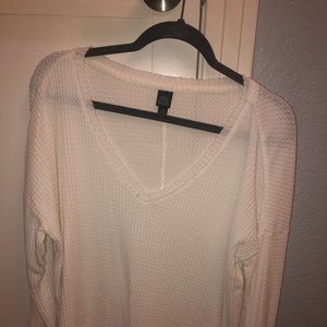 white, v neck, waffle knit sweater